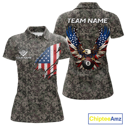 Personalized Retro Camo US Flag Billiard Shirts For Women Custom Eagle 8 Ball Pool Team Jersey TDM7987