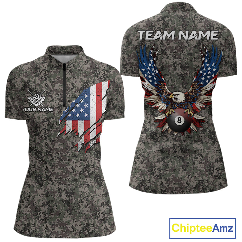Personalized Retro Camo US Flag Billiard Shirts For Women Custom Eagle 8 Ball Pool Team Jersey TDM7987