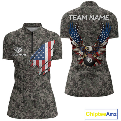 Personalized Retro Camo US Flag Billiard Shirts For Women Custom Eagle 8 Ball Pool Team Jersey TDM7987