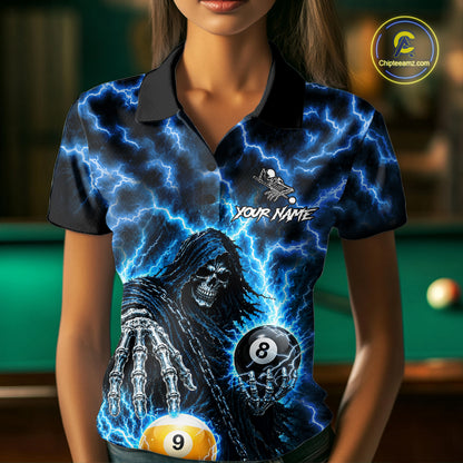 Blue Grim Reaper Thunder Lightning Billiard Shirts For Women Custom 8 Ball & 9 Ball Pool Team Jersey TDM7991