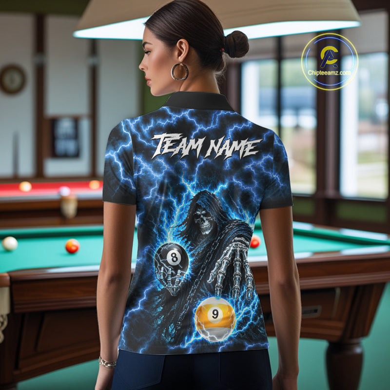 Blue Grim Reaper Thunder Lightning Billiard Shirts For Women Custom 8 Ball & 9 Ball Pool Team Jersey TDM7991