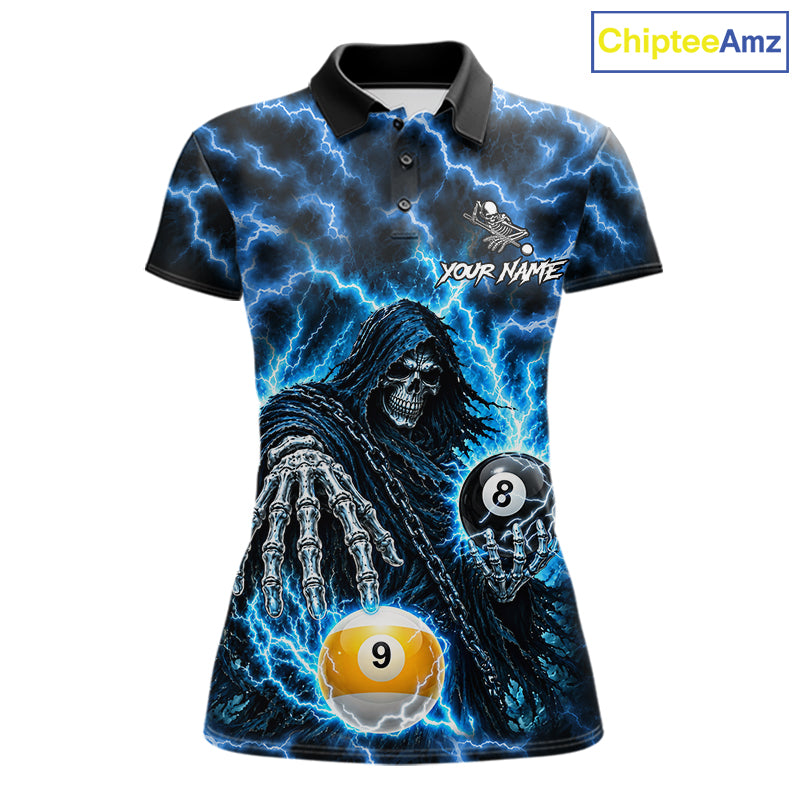 Blue Grim Reaper Thunder Lightning Billiard Shirts For Women Custom 8 Ball & 9 Ball Pool Team Jersey TDM7991
