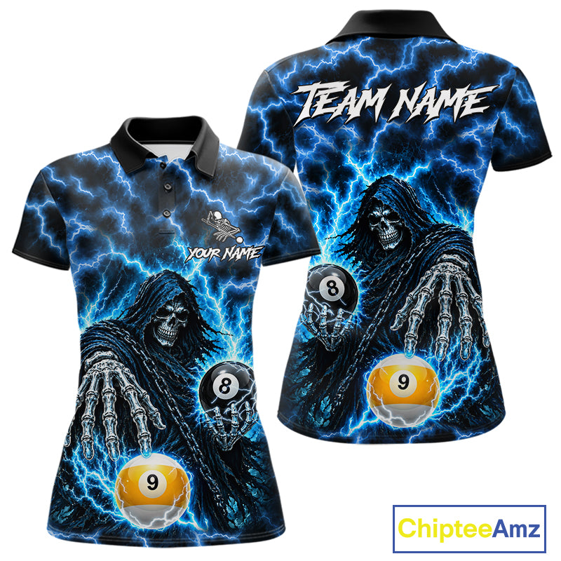 Blue Grim Reaper Thunder Lightning Billiard Shirts For Women Custom 8 Ball & 9 Ball Pool Team Jersey TDM7991