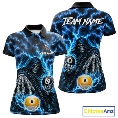 Blue Grim Reaper Thunder Lightning Billiard Shirts For Women Custom 8 Ball & 9 Ball Pool Team Jersey TDM7991