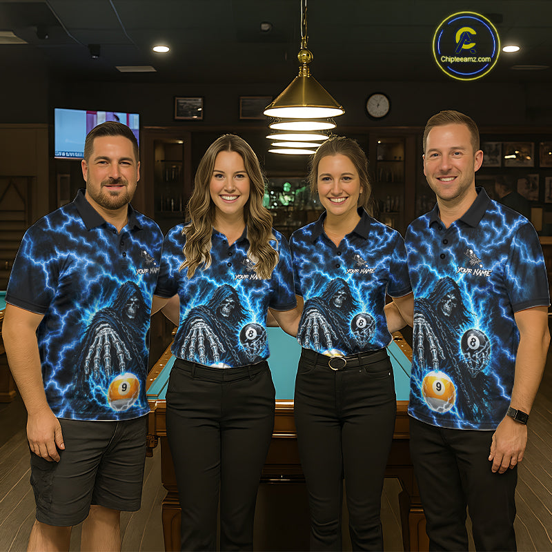 Blue Grim Reaper Thunder Lightning Billiard Shirts For Women Custom 8 Ball & 9 Ball Pool Team Jersey TDM7991