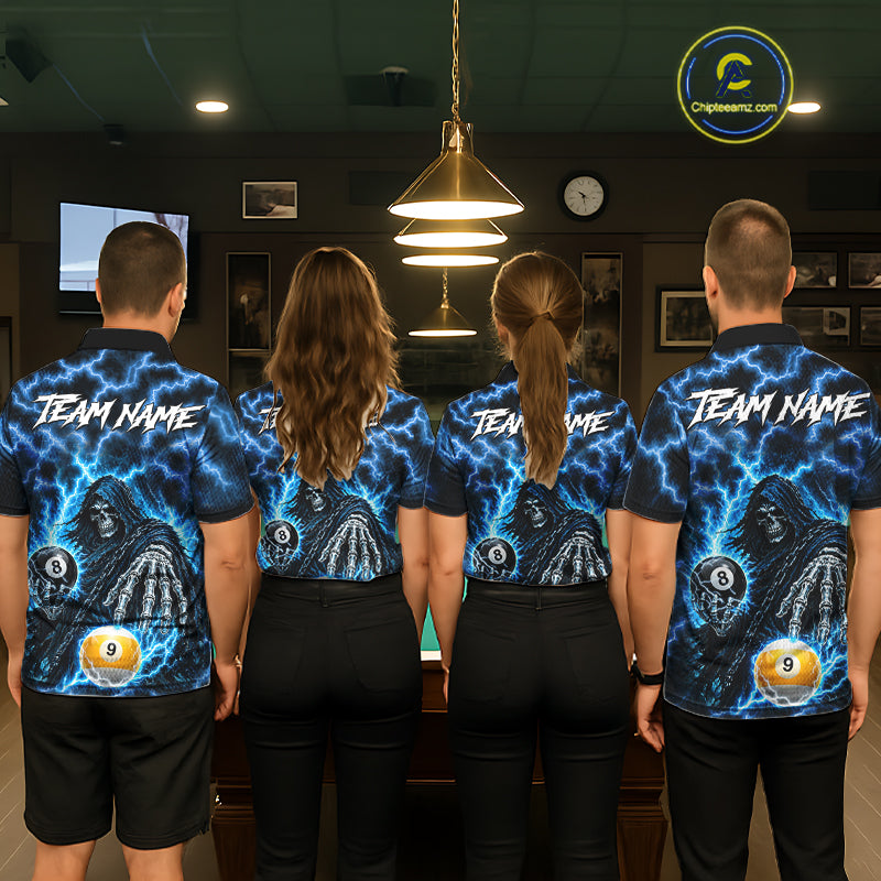 Blue Grim Reaper Thunder Lightning Billiard Shirts For Women Custom 8 Ball & 9 Ball Pool Team Jersey TDM7991