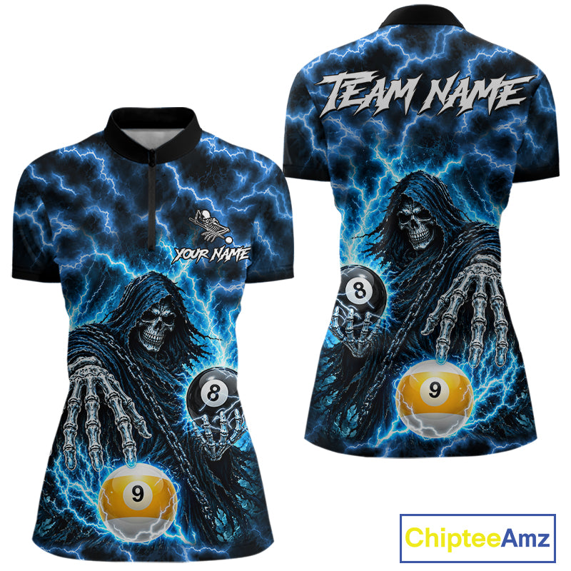 Blue Grim Reaper Thunder Lightning Billiard Shirts For Women Custom 8 Ball & 9 Ball Pool Team Jersey TDM7991