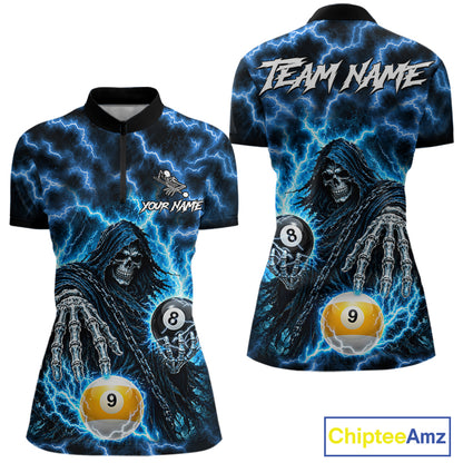 Blue Grim Reaper Thunder Lightning Billiard Shirts For Women Custom 8 Ball & 9 Ball Pool Team Jersey TDM7991