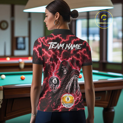 Red Grim Reaper Thunder Lightning Billiard Shirts For Women Custom 8 Ball & 9 Ball Pool Team Jersey TDM7992