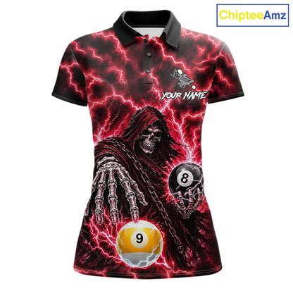 Red Grim Reaper Thunder Lightning Billiard Shirts For Women Custom 8 Ball & 9 Ball Pool Team Jersey TDM7992