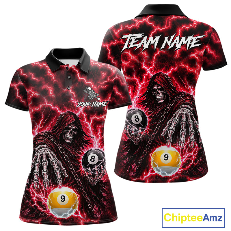 Red Grim Reaper Thunder Lightning Billiard Shirts For Women Custom 8 Ball & 9 Ball Pool Team Jersey TDM7992
