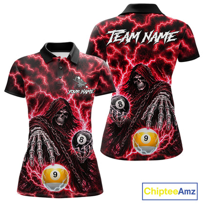 Red Grim Reaper Thunder Lightning Billiard Shirts For Women Custom 8 Ball & 9 Ball Pool Team Jersey TDM7992