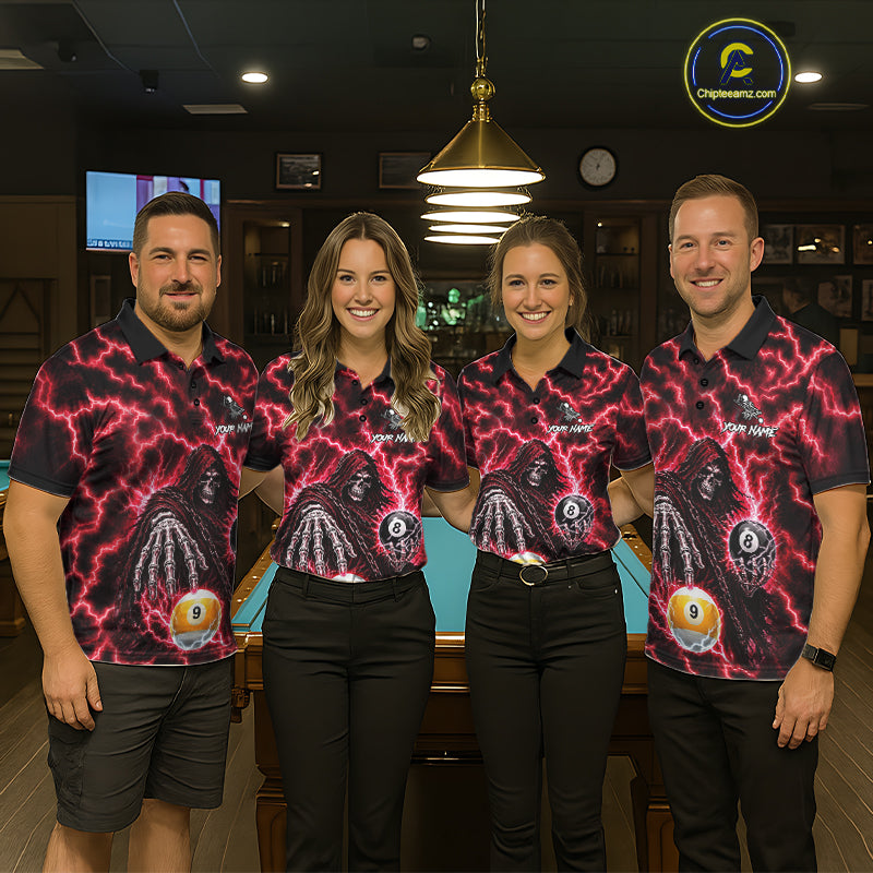 Red Grim Reaper Thunder Lightning Billiard Shirts For Men Custom 8 Ball & 9 Ball Pool Team Jersey TDM7992