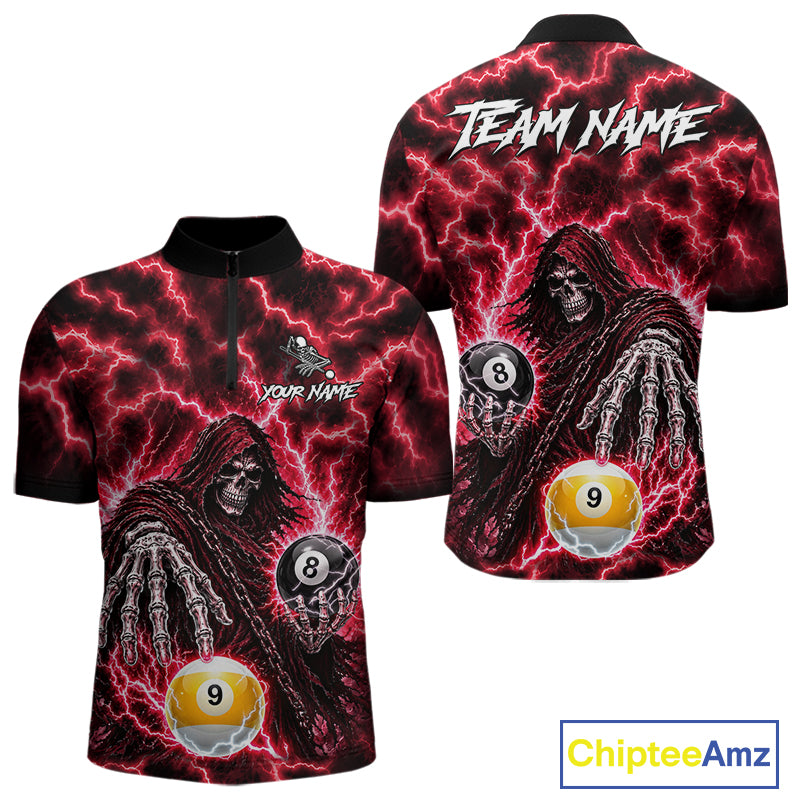 Red Grim Reaper Thunder Lightning Billiard Shirts For Men Custom 8 Ball & 9 Ball Pool Team Jersey TDM7992