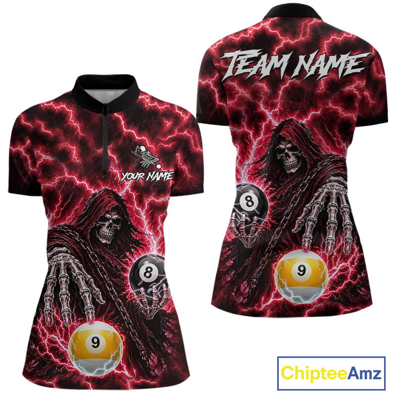 Red Grim Reaper Thunder Lightning Billiard Shirts For Women Custom 8 Ball & 9 Ball Pool Team Jersey TDM7992