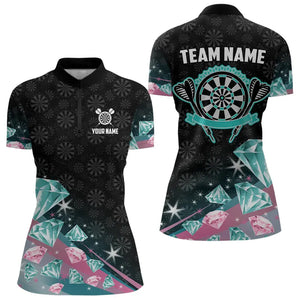 Funny Pink And Turquoise Diamonds Darts Polo & Quarter Zip Custom Dart Shirts For Women Dart Jerseys TDM3319