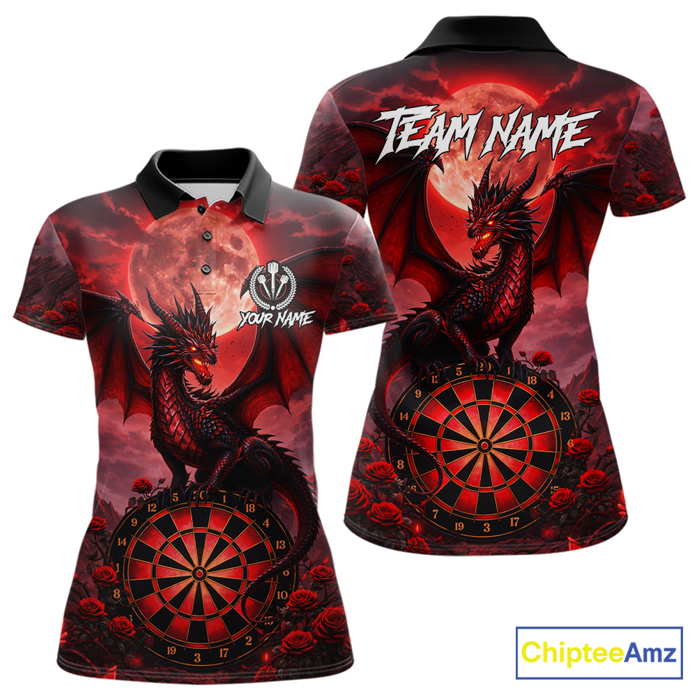 Black And Red Dartboard Roses And Dragon Darts Polo & 1/4 Zip Custom Women's Darts Team Jersey TDM5802