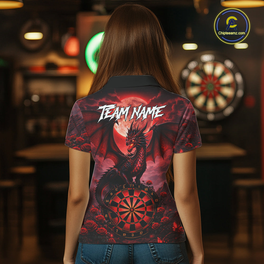Black And Red Dartboard Roses And Dragon Darts Polo & 1/4 Zip Custom Women's Darts Team Jersey TDM5802