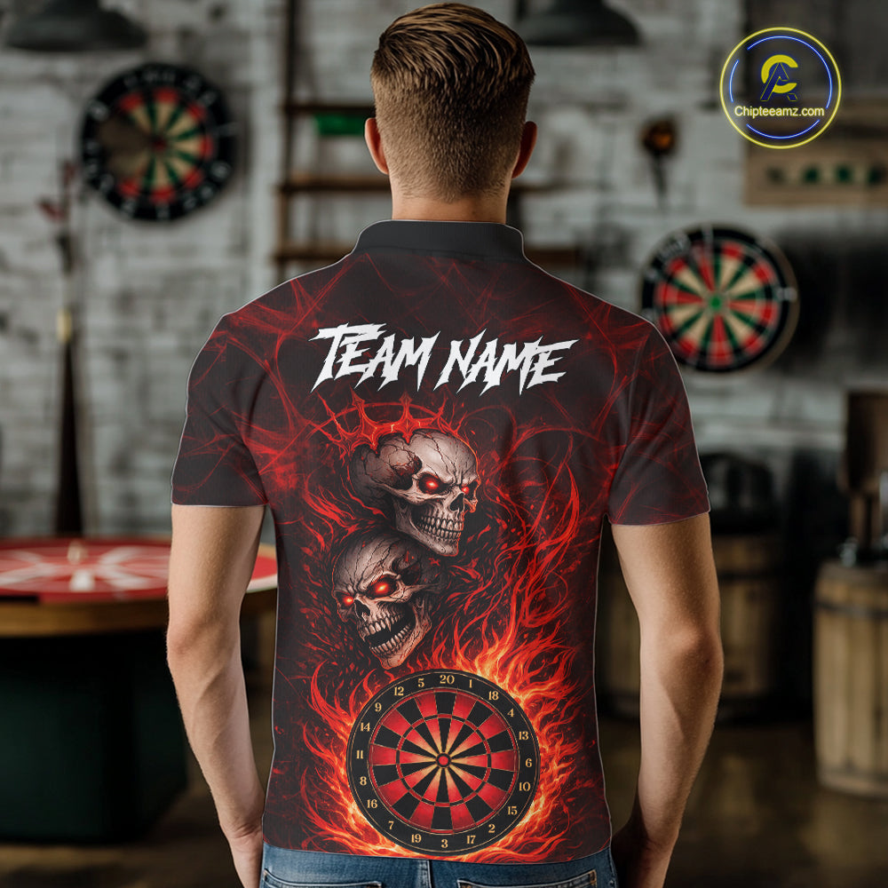 Personalized Red Flaming Skull Darts Polo & 1/4 Zip For Men Custom Fire Darts Team Jersey TDM5806