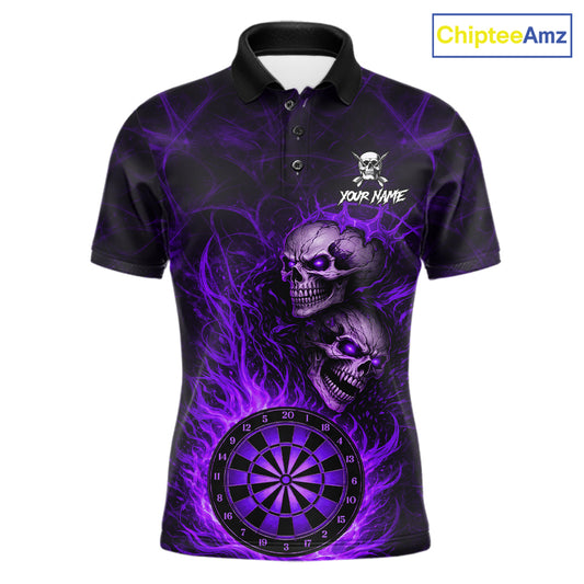 Personalized Purple Flaming Skull Darts Polo & 1/4 Zip For Men Custom Fire Darts Team Jersey TDM5807