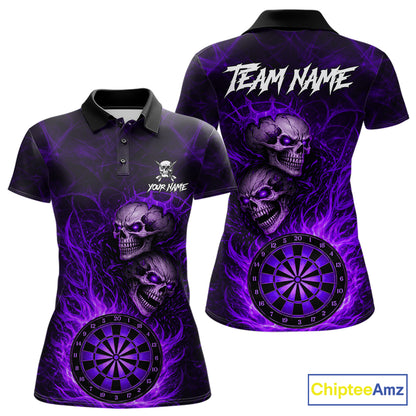 Personalized Purple Flaming Skull Darts Polo & 1/4 Zip For Women Custom Fire Darts Team Jersey TDM5807