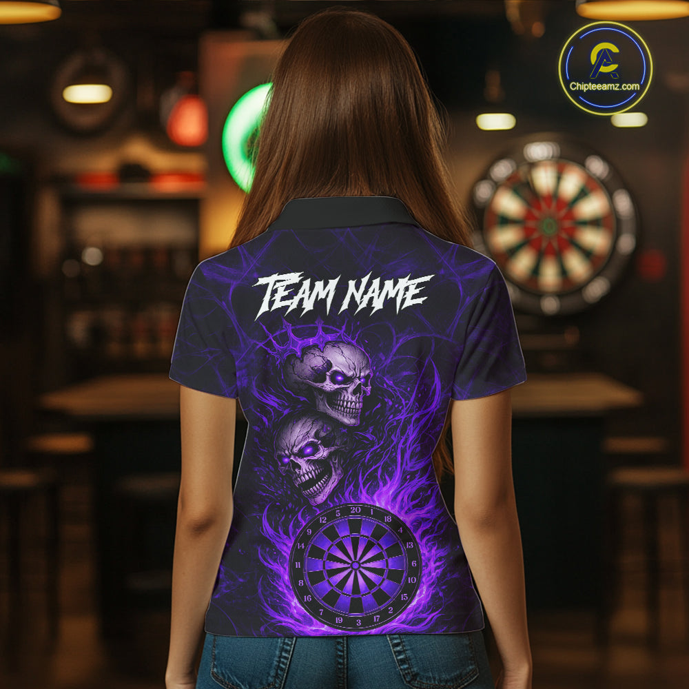 Personalized Purple Flaming Skull Darts Polo & 1/4 Zip For Women Custom Fire Darts Team Jersey TDM5807