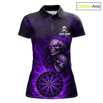 Personalized Purple Flaming Skull Darts Polo & 1/4 Zip For Women Custom Fire Darts Team Jersey TDM5807