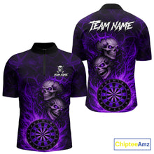 Load image into Gallery viewer, Personalized Purple Flaming Skull Darts Polo &amp; 1/4 Zip For Men Custom Fire Darts Team Jersey TDM5807