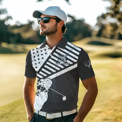 Black and White American Flag Men Golf polo shirts custom patriotic golf apparel team golf jerseys NQS9605