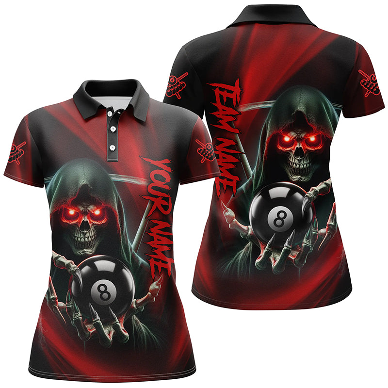 Personalized Red Billiard Reaper Skull Holding 8 Ball Women Polo Shirts Team League Billiard Jerseys TDM1530