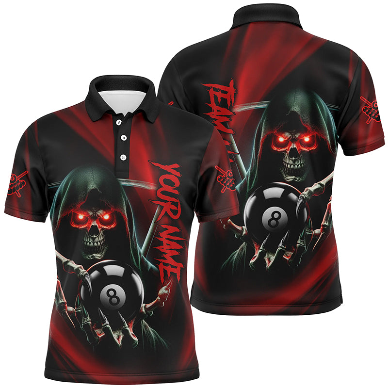 Personalized Red Billiard Reaper Skull Holding 8 Ball Men Polo Shirts Team League Billiard Jerseys TDM1530