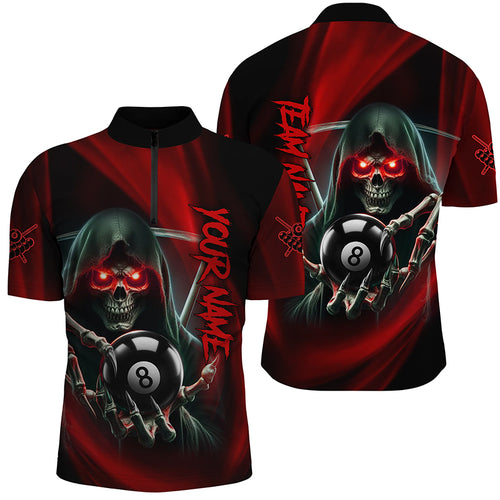 Red Billiard Reaper Skull Holding 8 Ball Men Quarter-Zip Shirt Team League Billiard Jersey TDM1530