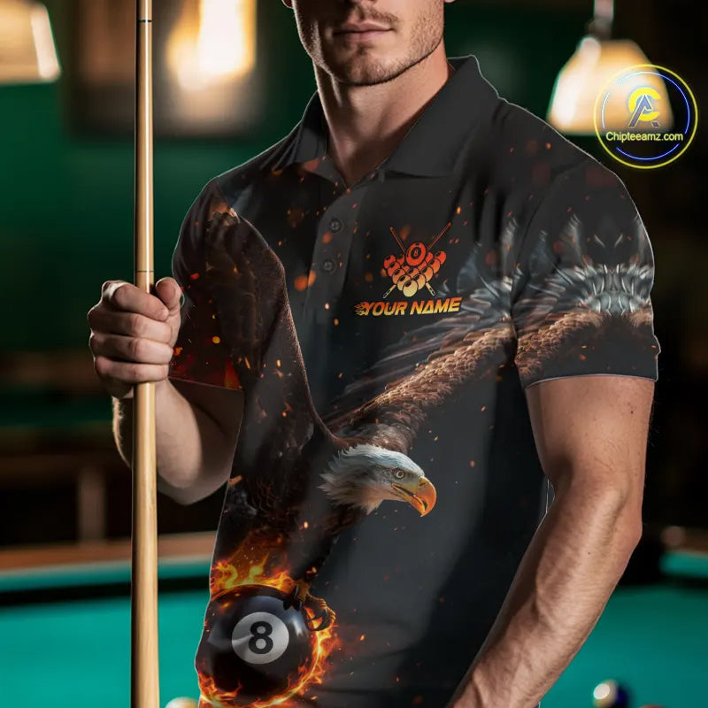 Personalized Fire 8 Ball Eagle Billiard Shirt For Men Custom Pool Team Jersey Polo & 1/4 Zip TDM6407