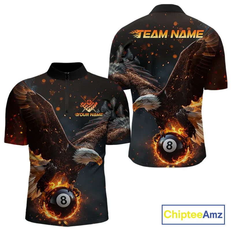 Personalized Fire 8 Ball Eagle Billiard Shirt For Men Custom Pool Team Jersey Polo & 1/4 Zip TDM6407