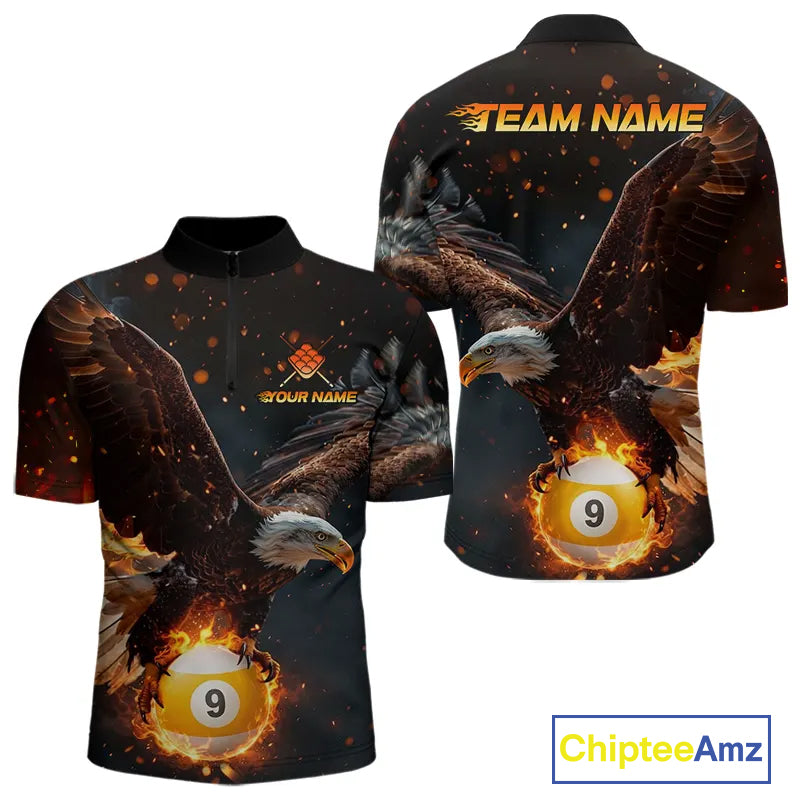 Personalized Fire 9 Ball Eagle Billiard Shirt For Men Custom Pool Team Jersey Polo & 1/4 Zip TDM6408