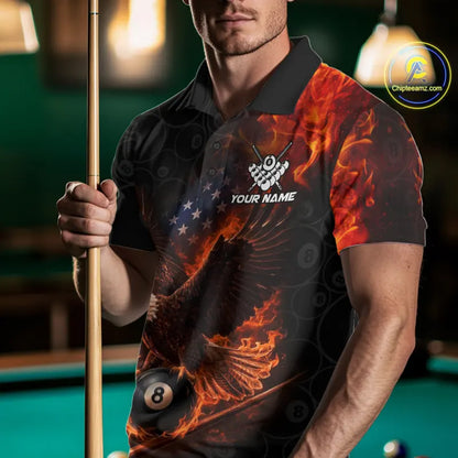 Flaming US Flag Eagle 8 Ball Billiard Shirt For Men Custom Patriotic Pool Jersey Polo & 1/4 Zip TDM6411
