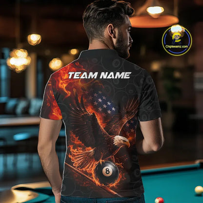Flaming US Flag Eagle 8 Ball Billiard Shirt For Men Custom Patriotic Pool Jersey Polo & 1/4 Zip TDM6411