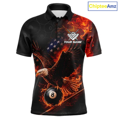 Flaming US Flag Eagle 8 Ball Billiard Shirt For Men Custom Patriotic Pool Jersey Polo & 1/4 Zip TDM6411