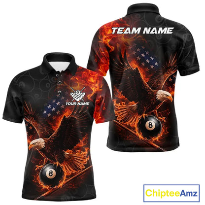 Flaming US Flag Eagle 8 Ball Billiard Shirt For Men Custom Patriotic Pool Jersey Polo & 1/4 Zip TDM6411