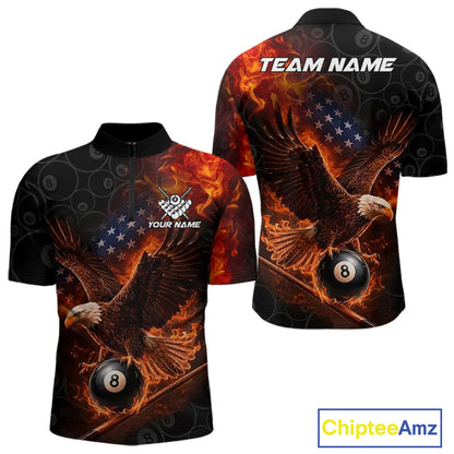 Flaming US Flag Eagle 8 Ball Billiard Shirt For Men Custom Patriotic Pool Jersey Polo & 1/4 Zip TDM6411
