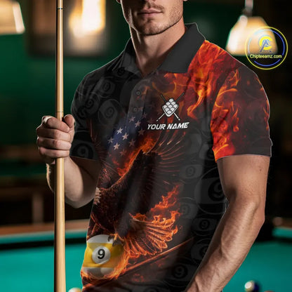 Flaming US Flag Eagle 9 Ball Billiard Shirt For Men Custom Patriotic Pool Jersey Polo & 1/4 Zip TDM6412