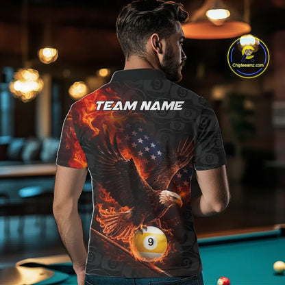 Flaming US Flag Eagle 9 Ball Billiard Shirt For Men Custom Patriotic Pool Jersey Polo & 1/4 Zip TDM6412