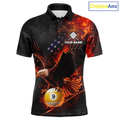 Flaming US Flag Eagle 9 Ball Billiard Shirt For Men Custom Patriotic Pool Jersey Polo & 1/4 Zip TDM6412