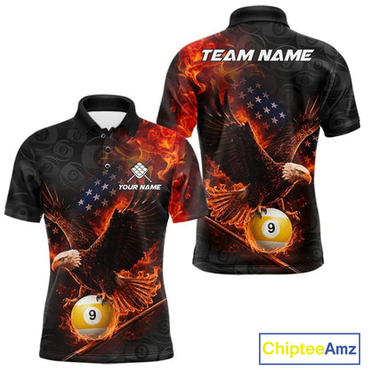 Flaming US Flag Eagle 9 Ball Billiard Shirt For Men Custom Patriotic Pool Jersey Polo & 1/4 Zip TDM6412