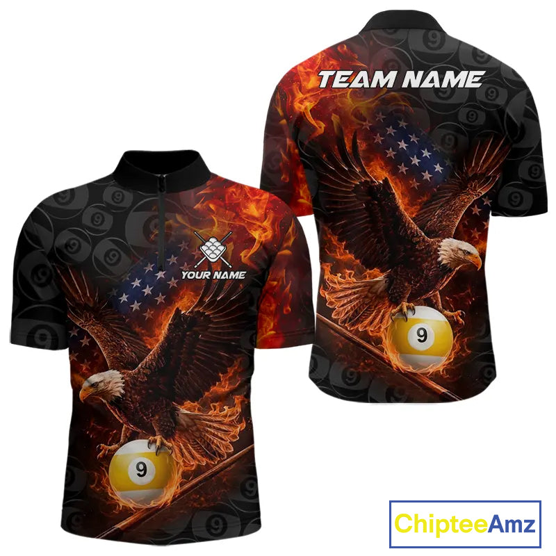Flaming US Flag Eagle 9 Ball Billiard Shirt For Men Custom Patriotic Pool Jersey Polo & 1/4 Zip TDM6412