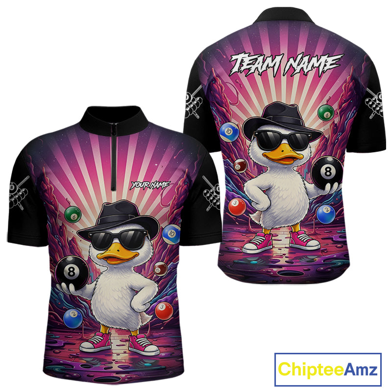 Billiard quarter zip shirt with a cartoon duck holding a pool ball on a colorful background