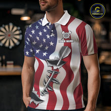 Load image into Gallery viewer, Man wearing a personalized American flag steel tip dart darts jersey front view, patriotic darts team shirt.