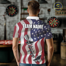 Load image into Gallery viewer, Back view of man wearing a personalized American flag steel tip dart darts team jersey, custom darts tournament apparel.