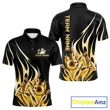 Load image into Gallery viewer, Black and gold bowling ball crown bowling team polo shirt for men with flame bowling graphics.