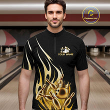 Load image into Gallery viewer, Man wearing a black and gold bowling ball crown quarter zip bowling shirt front view, personalized bowling team apparel.
